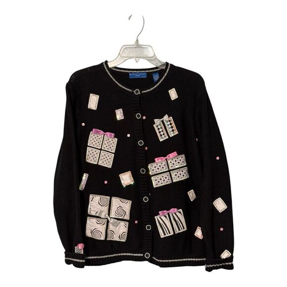 Karen Scott Sweaters - Vtg Karen Scott Womens Present Gift Print Cardigan Size PL Beaded Bows Patchwork